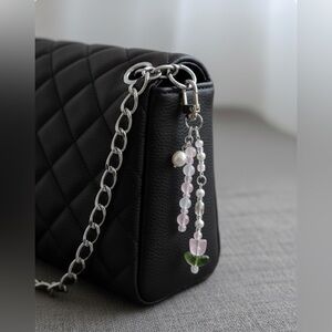 Dainty Tulip Pastel Pink Beaded Bag Charm Keychain with Real Pearl Charm
